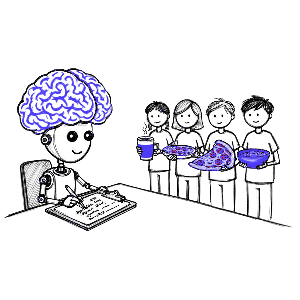 Sketch of an AI brain robot taking notes on customers