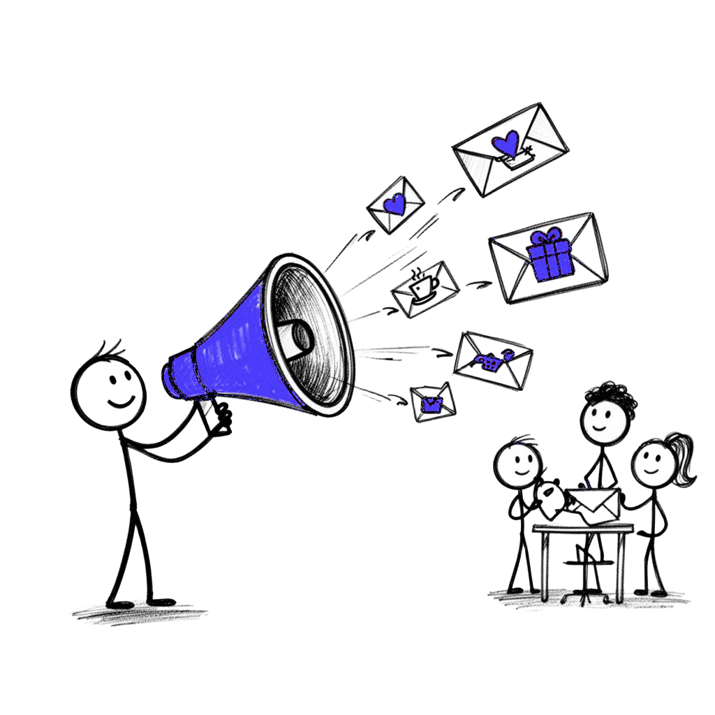 Sketch of a megaphone sending personalised envelopes