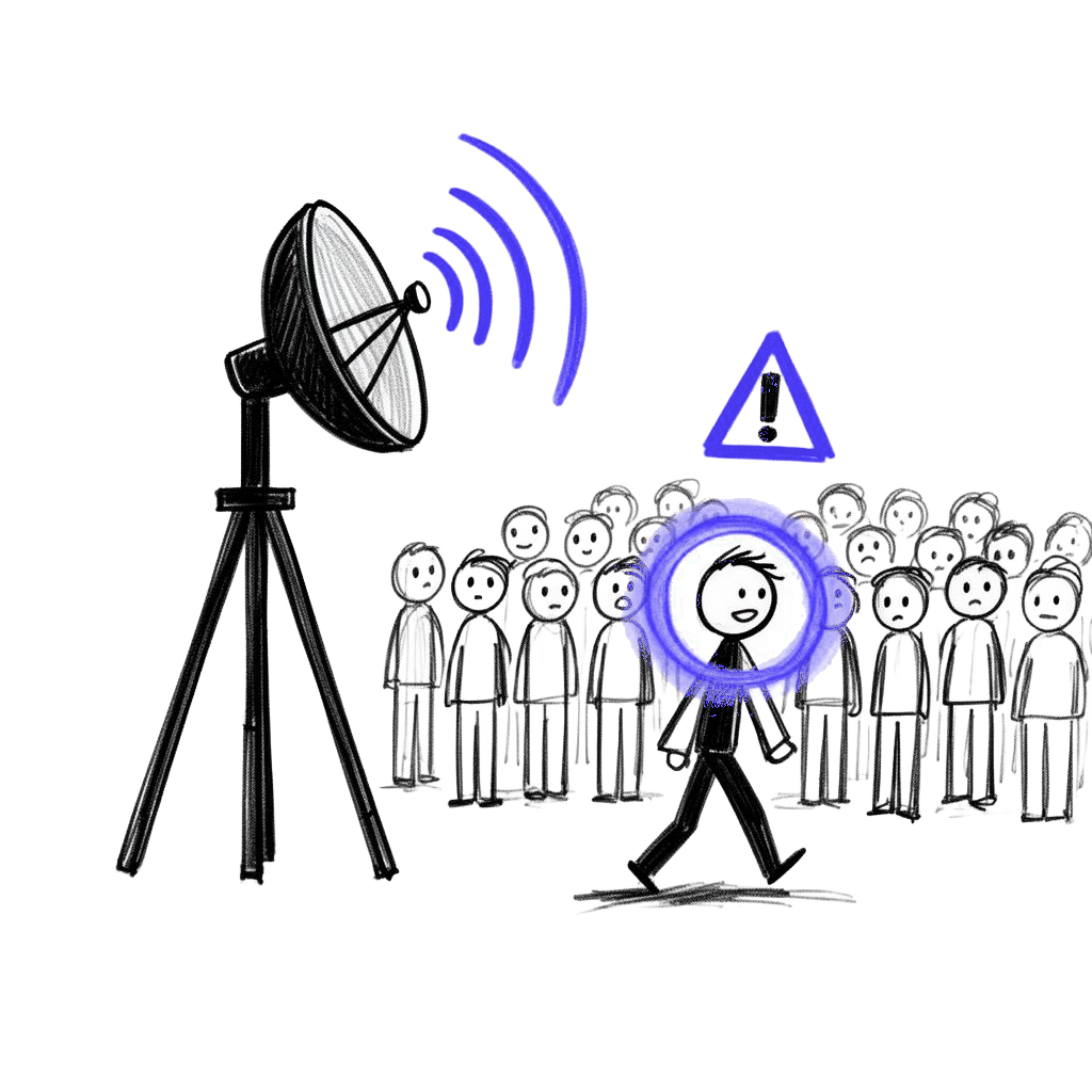 Sketch of a radar scanning a crowd, flagging an at-risk customer