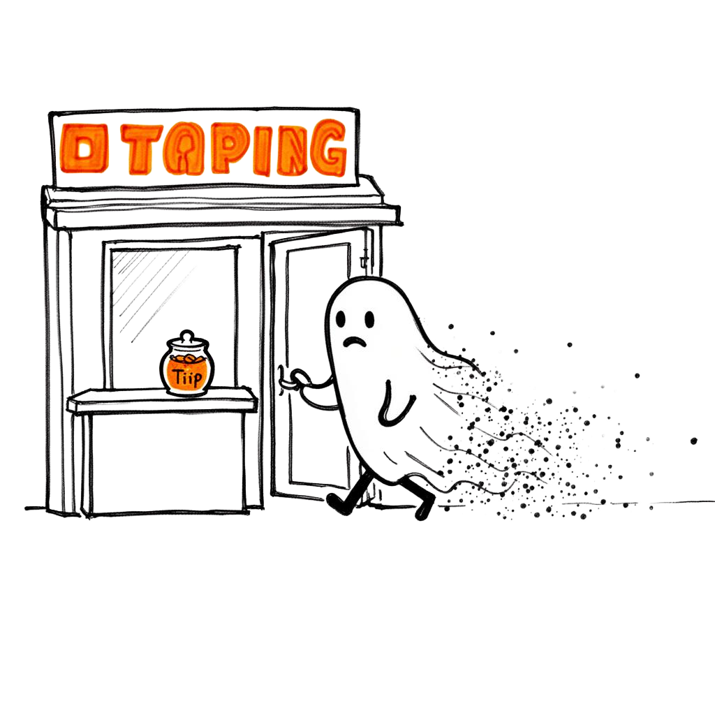 Sketch of a ghost-like customer fading away from a small shop