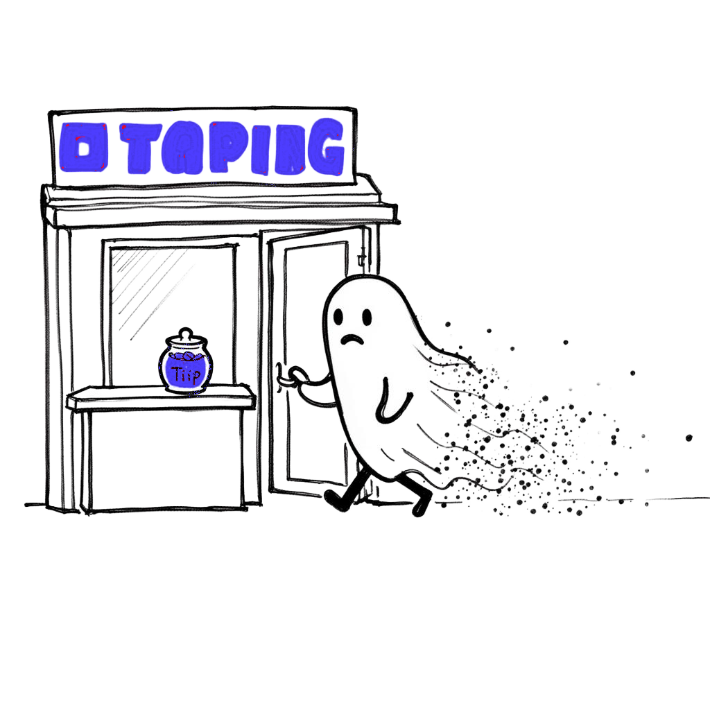 Sketch of a ghost-like customer fading away from a small shop