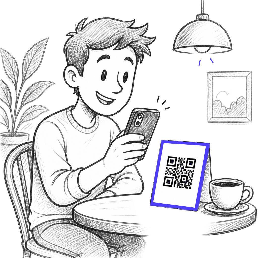 Hand-drawn sketch of a cafe guest scanning a table QR code with their phone