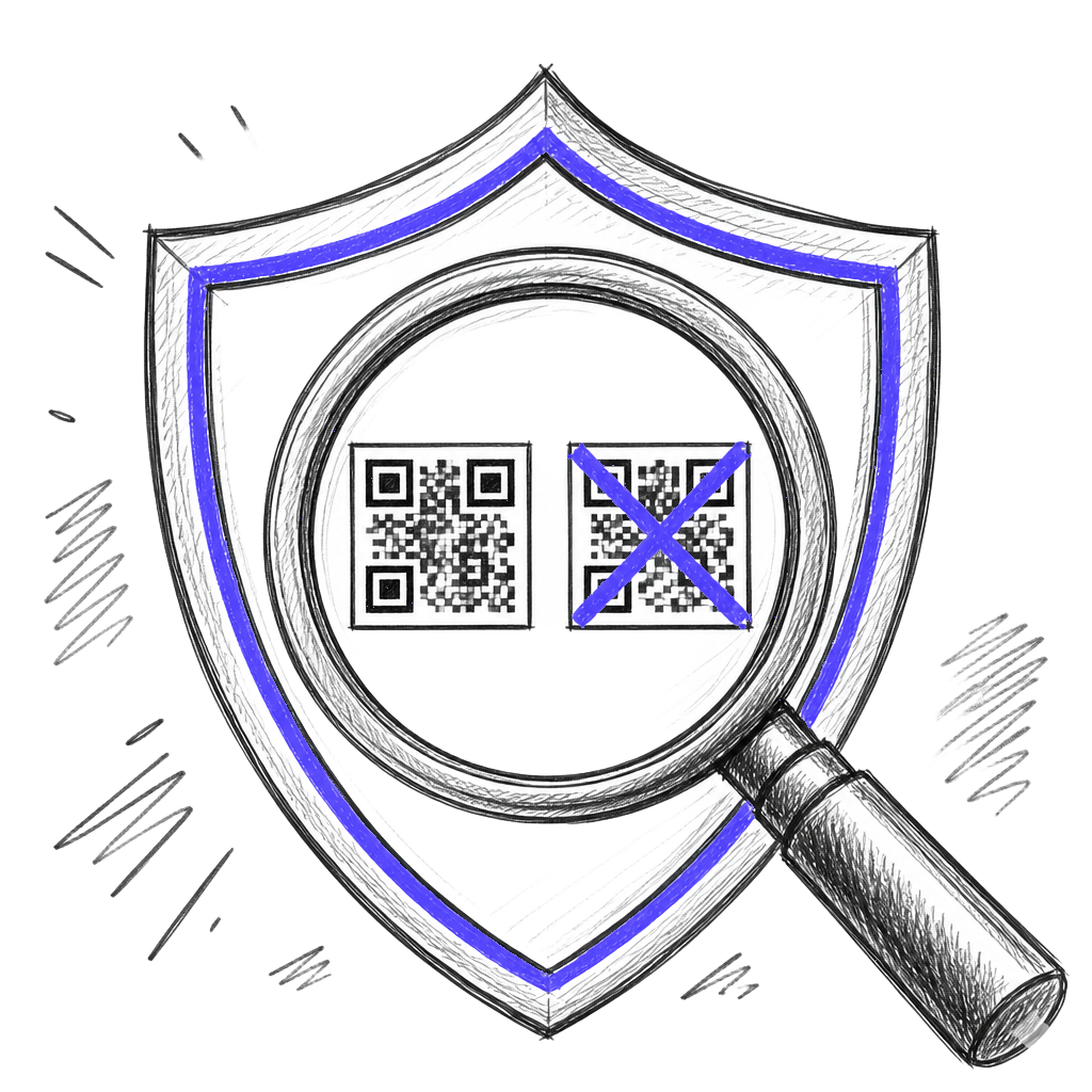 Hand-drawn sketch of a shield and magnifying glass catching a duplicate QR check-in