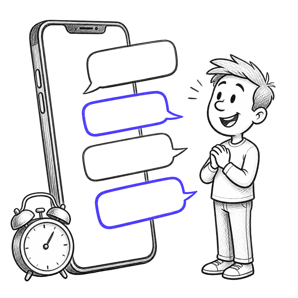 Hand-drawn sketch of a phone sending chat bubbles to a smiling guest, alarm clock beside it