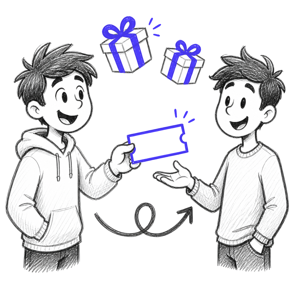 Hand-drawn sketch of one guest handing a voucher to a friend with gift boxes above