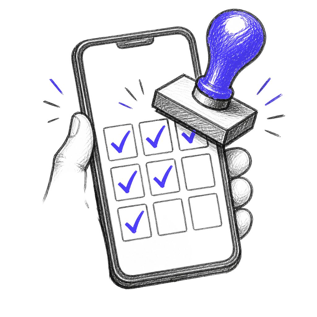 Hand-drawn sketch of a hand holding a phone with a stamp grid and a rubber stamp
