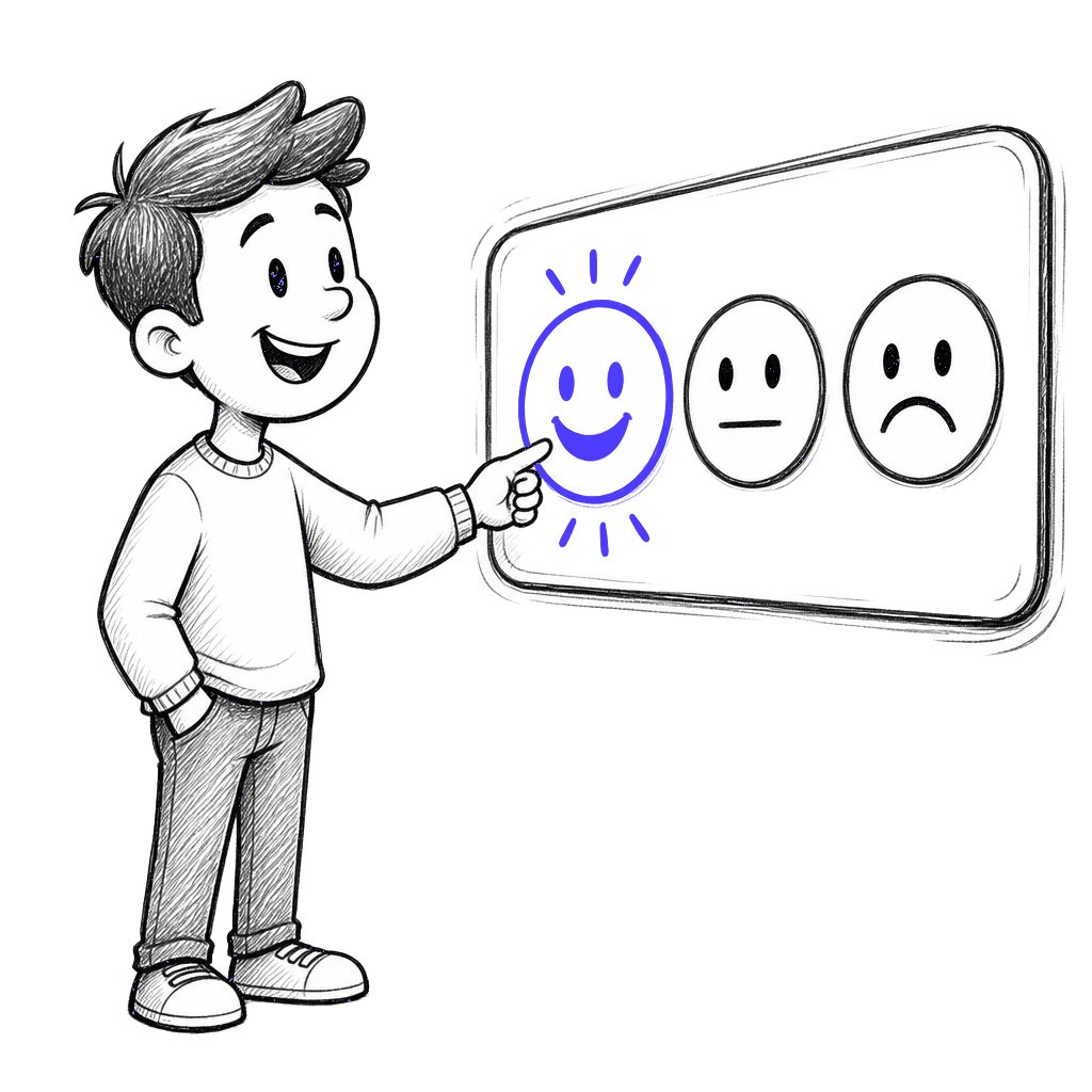 Hand-drawn sketch of a guest tapping a happy face on a rating panel