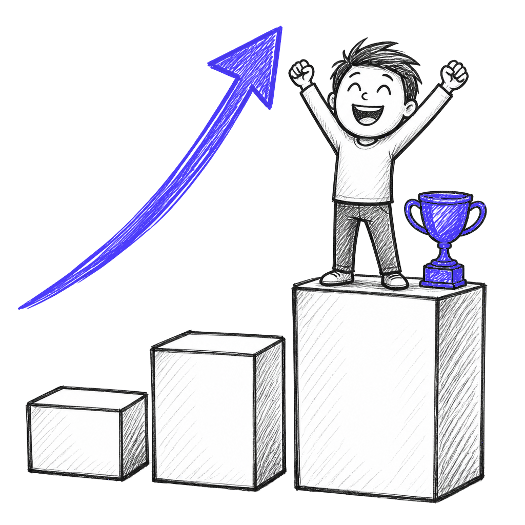 Hand-drawn sketch of a guest on the top podium step beside a trophy with a rising arrow