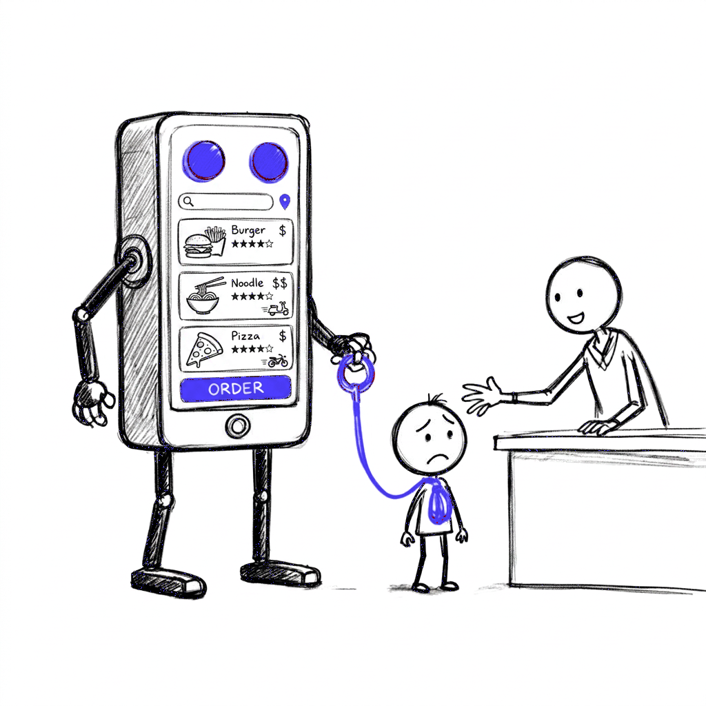 Sketch of a giant phone-platform robot leashing a customer away from a shop owner