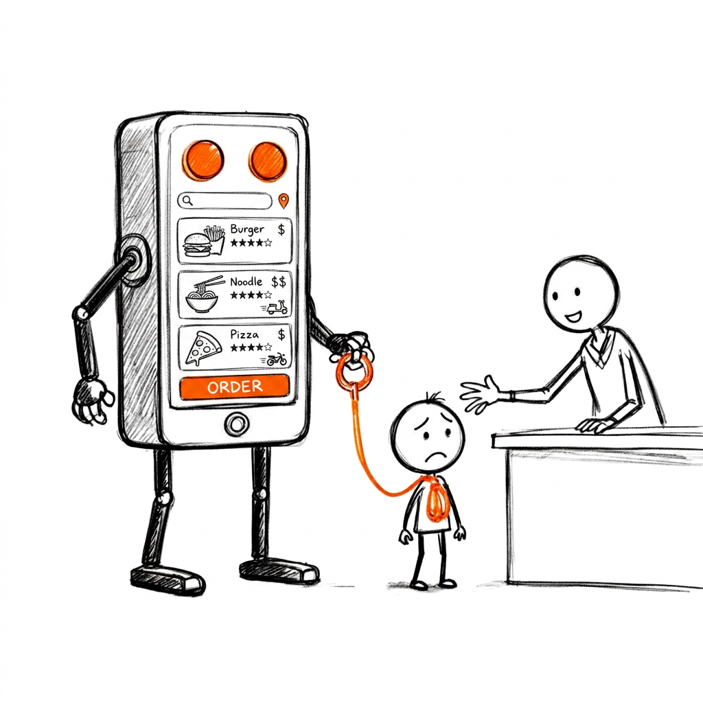 Sketch of a giant phone-platform robot leashing a customer away from a shop owner