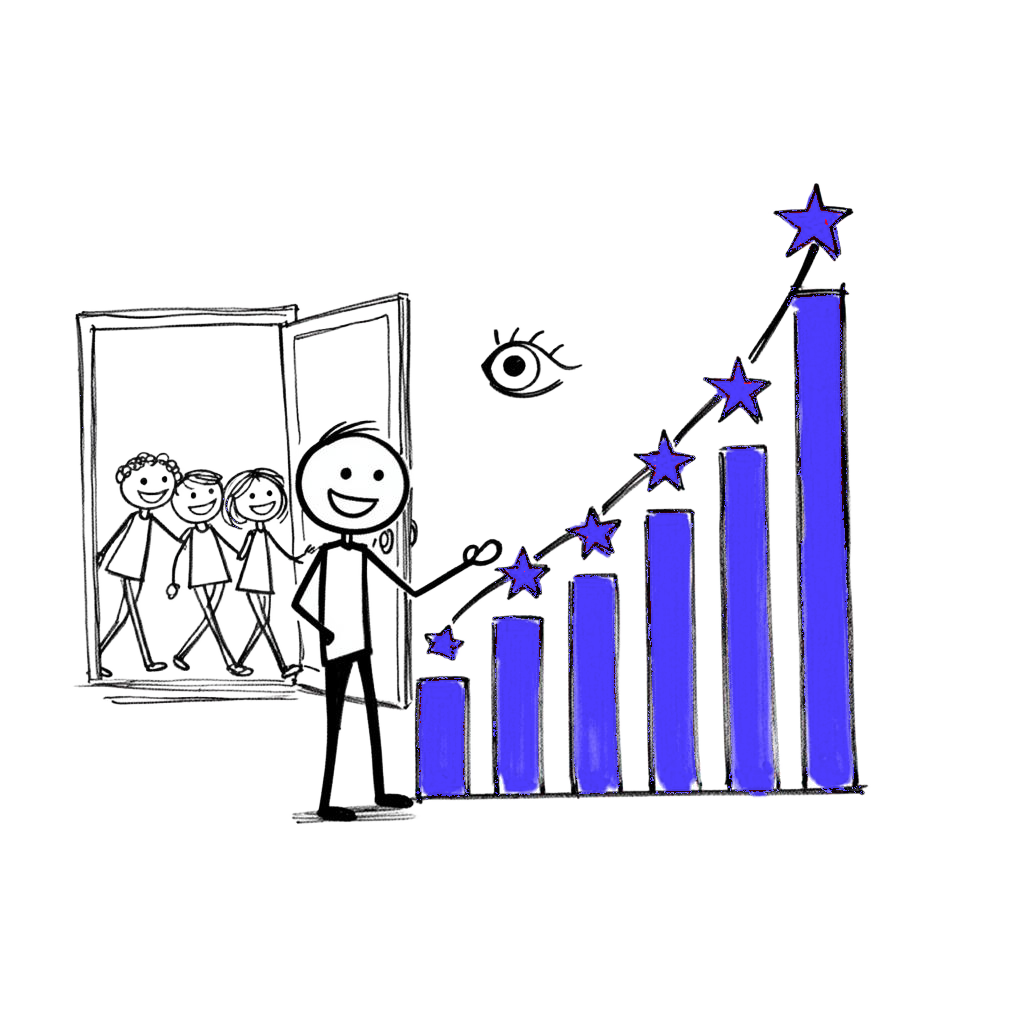 Sketch of an owner pointing at a rising bar chart with stars