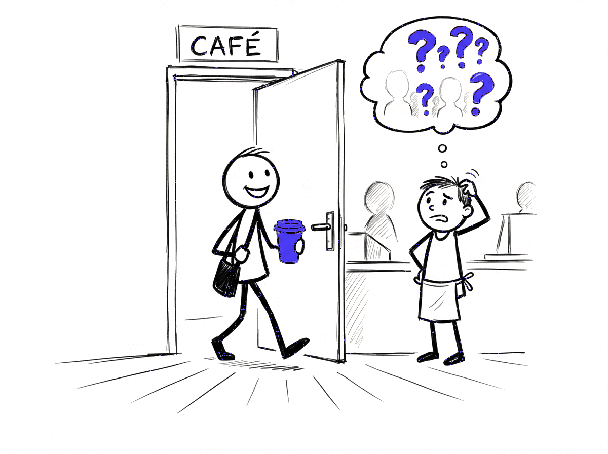 Sketch of a smiling waiter walking out with a suitcase, owner left confused