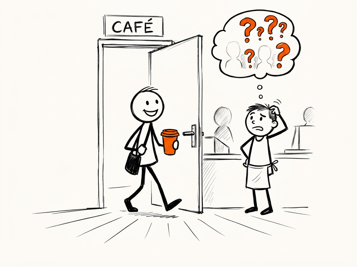 Sketch of a smiling waiter walking out with a suitcase, owner left confused